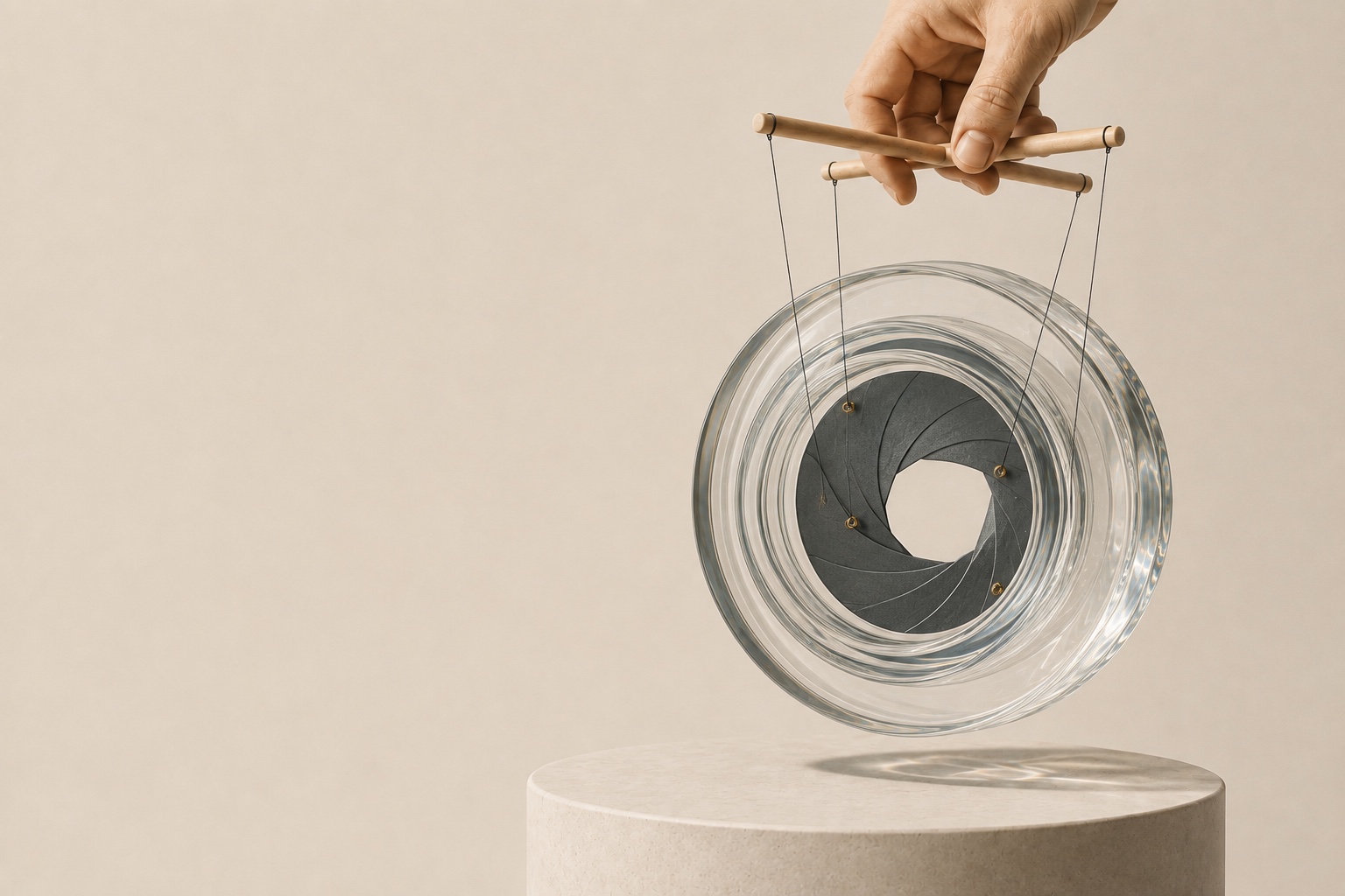 A hand using a wooden marionette controller to manipulate the aperture inside a clear glass camera lens sculpture